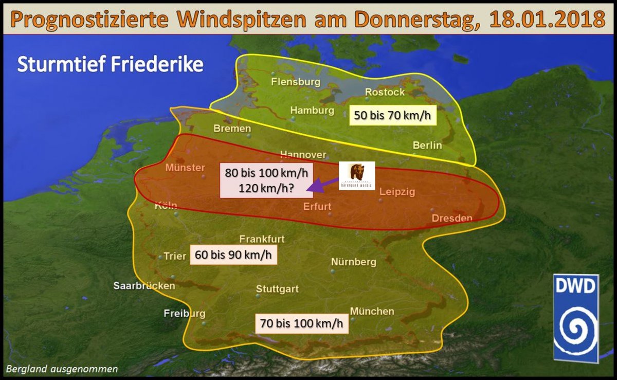 Sturmtief Friederike bewegt sich direkt auf den Alternativen Bärenpark Worbis zu